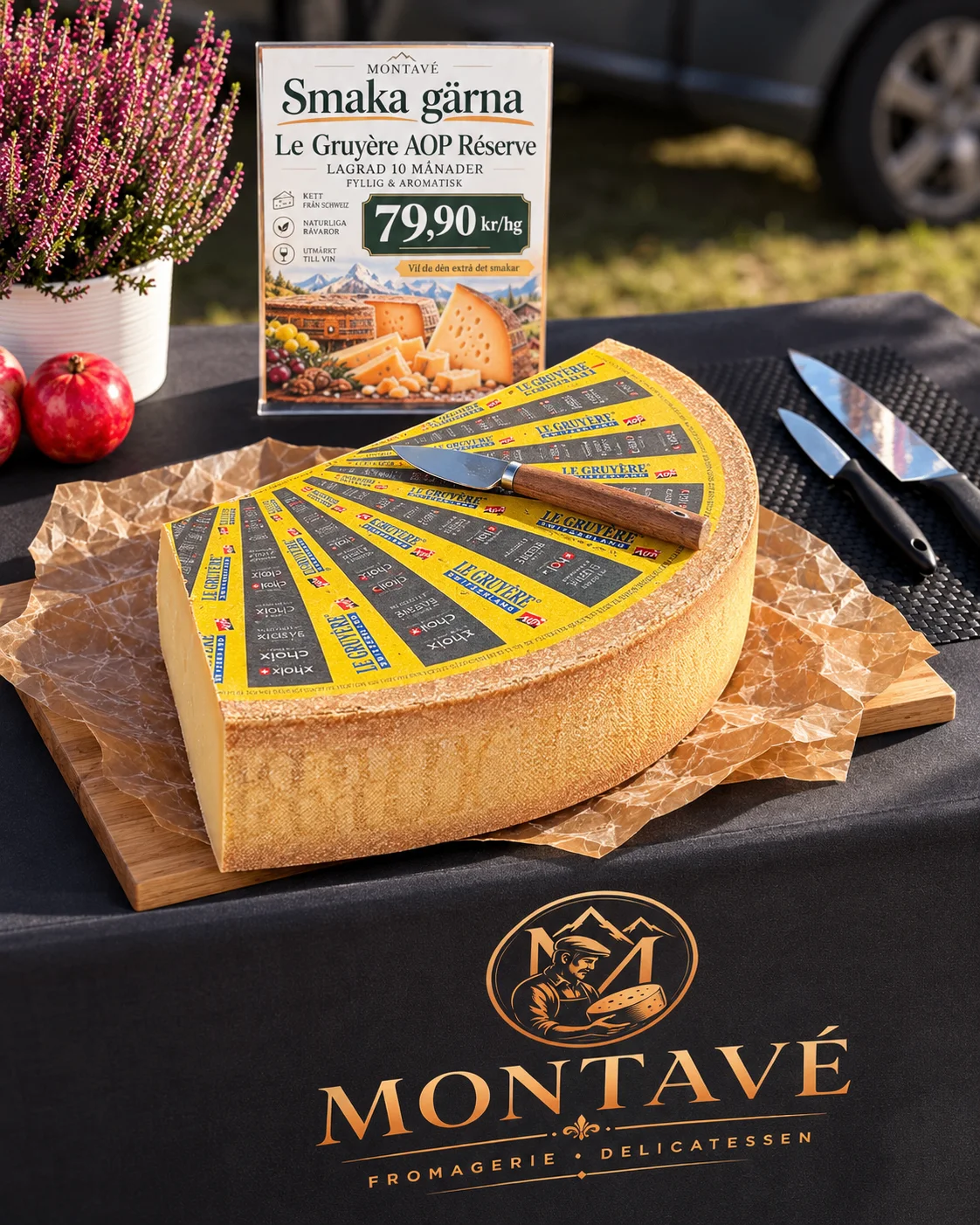 Halvt hjul Le Gruyère AOP Réserve på skärbräda vid MONTAVÉs bord med provsmakningsskylt